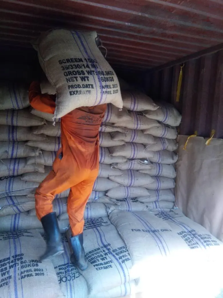 Loading sacks of green coffee for export